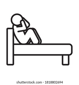 Insomnia design, man suffers from lack of sleep sitting on bed over white background, line style, vector illustration