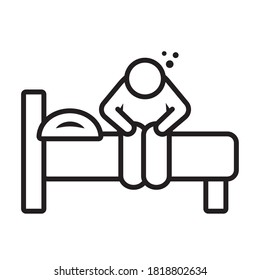 Insomnia Design, Sleepy Man Sitting On His Bed Icon Over White Background, Line Style, Vector Illustration