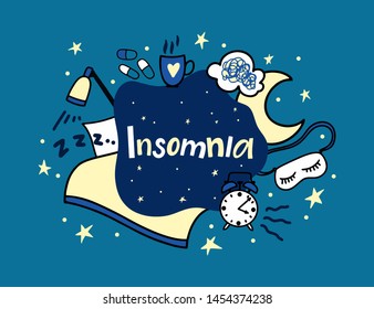 Insomnia. Desire to sleep. Items from insomnia. Sleep. Vector illustration 