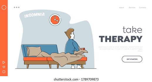 Insomnia Disorder Landing Page Template. Character Addict of Sleeping Pills. Young Man Character Can not Sleep Sitting on Bed with Coffee Cup at Night Time. Health Disease. Linear Vector Illustration
