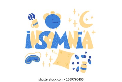Insomnia emblem. Hand drawn text and insomnias symbols:  mask, moon, stars, pillow, alarm clock, pills. Problem with night sleep. Trouble sleeping vector illustration.
