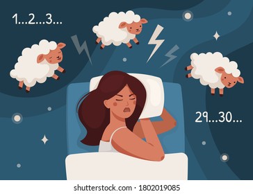 Insomnia. Flat vector illustration of a female in the bed with a pillow that can not sleep, woman counts sheep. Panic attack, sad thoughts before bedtime. Sleep disorder and distribution. Good night.