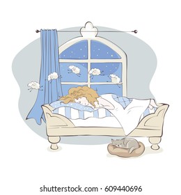Insomnia / Girl can not fall asleep and considers sheep, vector illustration