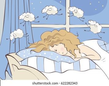 Insomnia / Girl can not fall asleep and considers sheep, vector illustration