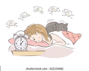 Insomnia / Girl can not fall asleep and considers sheep, vector illustration