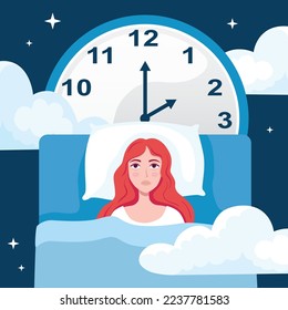 Insomnia girl. Sleep disorder, sleeplessness concept. Unhappy, sad, tired women lying in bed, trying to fall asleep. Female character suffers from insomnia.  Vector illustration in flat cartoon design