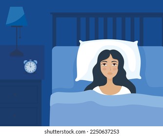 Insomnia girl. Sleep disorder, sleeplessness. Unhappy, sad, tired woman lying in bed, trying to fall asleep. Female character suffers from insomnia. Vector illustration in flat cartoon design.
