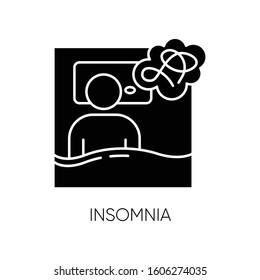 Insomnia glyph icon. Sleep deprivation. Person awake. Sleeplessness from stress. Exhaustion, fatigue. Depression. Mental disorder. Silhouette symbol. Negative space. Vector isolated illustration