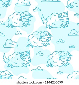 Insomnia Good night sleep pattern vector illustration of Night sky cute fluffy cartoon sheep animals pattern children design on white background, wolf in sheep clothes