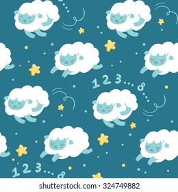 Insomnia Good night sleep pattern vector illustration of Night sky cute fluffy cartoon sheep animals pattern children design with stars on dark blue background. 