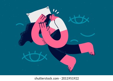 Insomnia and having problems with sleep concept. Young Sleepless girl lying on bed suffering from insomnia at home tired trying to get asleep vector illustration