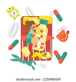 Insomnia health stress, young woman sleep with huge pills concept, vector illustration. Cartoon sleeping person at night, tired woman at bedtime
