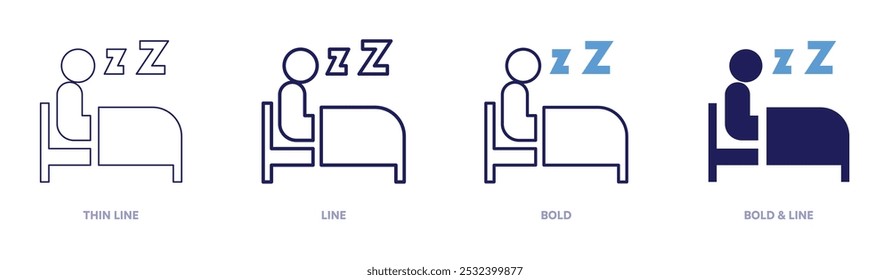 Icono de insomnio en 4 estilos diferentes. Línea delgada, línea, negrita y línea negrita. Estilo duotono. Trazo editable.