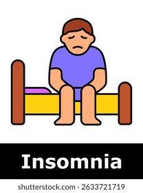 Insomnia icon. Man sitting on bed with sad face and slouched posture, symbolizing difficulty falling asleep or staying asleep.
