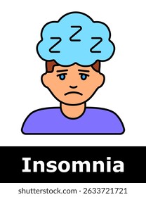 Ícone de insônia. Homem com expressão cansada e bolha de pensamento cheia de Zs mostrando sonolência e fadiga mental devido a sono ruim.