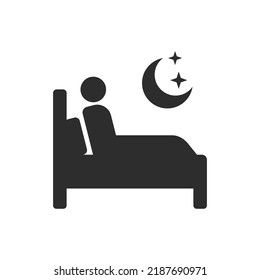 Insomnia Icon. Person Sits In Bed At Night. Monochrome Black And White Symbol. Vector Illustration