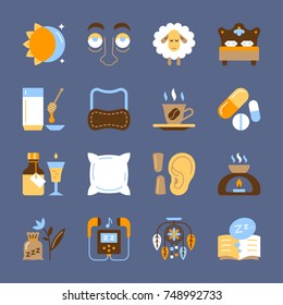 Insomnia icon set Sleeplessness flat symbol pack Bad sleep color logo, web, print design Tired face, bed, sheep, milk, pill, pillow, dreamcatcher, earplug, sleep mask sign isolated vector illustration