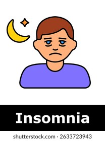 Ícone de insônia. Homem sem sono sob a lua com olhos tristes mostrando inquietação, má rotina noturna e cansaço crônico.