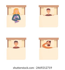 Insomnia icons set cartoon vector. Annoyed people suffering from insomnia. Sleeping problem