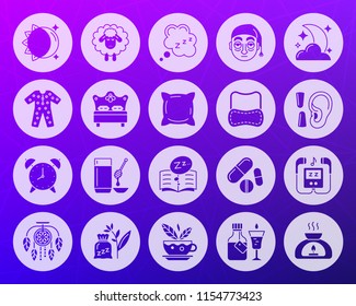 Insomnia icons set. Web sign kit of sleep. Dream pictogram collection includes sun moon, sleepy sheep, cloud zzz. Simple insomnia vector symbol. Icon shape carved from circle on colorful background