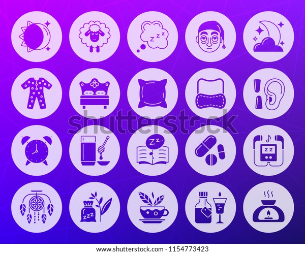 Insomnia icons set. Web sign kit of sleep.\
Dream pictogram collection includes sun moon, sleepy sheep, cloud\
zzz. Simple insomnia vector symbol. Icon shape carved from circle\
on colorful\
background