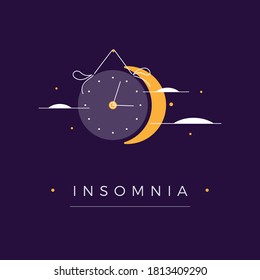 Insomnia illustration. Crescent, stars, clouds, clock symbolizes moon  on dark blue sky landscape background at night. Sleep disorder or insomnia concept with text. Vector illustration in flat design