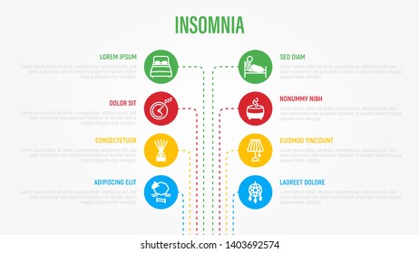 Insomnia infographics: symptoms and methods of prevention. Thin line icons: comfortable bed, dreamcatcher, aroma diffuser, aromatherapy, sheep jumping, tired man in bed. Vector illustration.