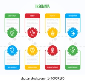 Insomnia infographics with thin line icons in circles and copy space near. Medical data visualization. Alarm clock, dreamcatcher, earplug, aroma diffuser, pills, aromatherapy. Vector illustration.
