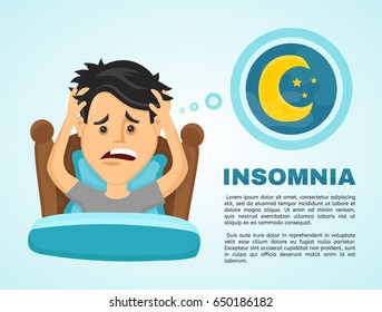 Insomnia Infographic.Young Man Suffers From Lack Of Sleep. Vector Flat Modern Style Illustration Character Icon Design. Isolated On White Background.  Healthy Care, Bad Body Balance, Insomnia Concept