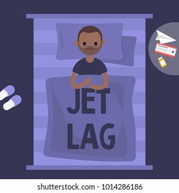 Insomnia. Jet Lag. Young exhausted african american character lying in the bed. Flat editable vector illustration, clip art