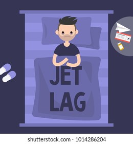 Insomnia. Jet Lag. Young exhausted character lying in the bed. Flat editable vector illustration, clip art