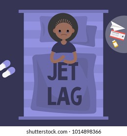 Insomnia. Jet Lag. Young exhausted african american character lying in the bed. Flat editable vector illustration, clip art