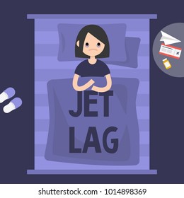 Insomnia. Jet Lag. Young exhausted female character lying in the bed. Flat editable vector illustration, clip art