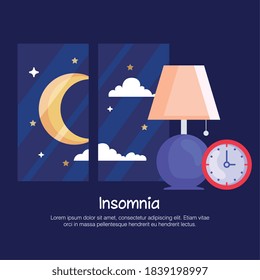 insomnia lamp clock and moon at window design, sleep and night theme Vector illustration