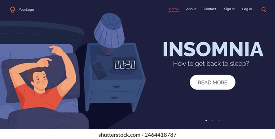 Landing Page für Schlaflosigkeit. Erwachter Mann schlaflose Nacht auf dem Bett im dunklen Schlafzimmer Hintergrund, schlechter Schlaf Depression Konzept Cartoon Charakter Denken Website Layout Vektorillustration