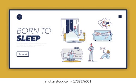 Insomnia landing page with set of people suffering from sleeplessness. Sleepless cartoon characters at night staying awake. Sleep problem treatment and stress concept. Linear vector illustration