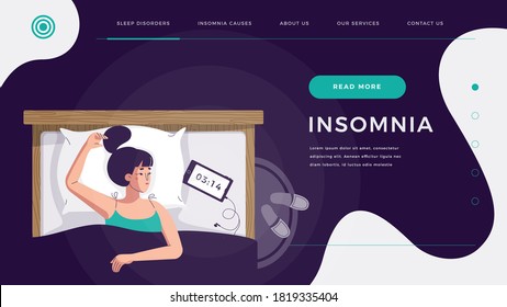 Insomnia landing page. Sleepless young woman suffering from sleep disorder, trying to fall asleep. Blue light from smartphone screen. Character in flat cartoon style, web template vector illustration