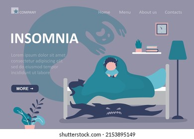 Insomnia, landing page template. Frightened kid hiding under blanket from monster. Little girl scared of ghost under bed. Childhood nightmares, childish fears. Bedroom interior. Vector illustration