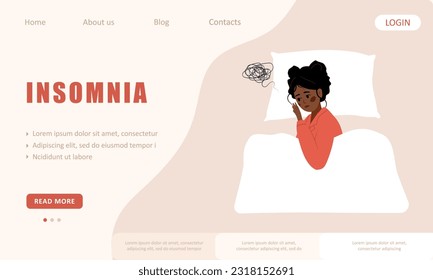 Insomnia landing page template. Tired african woman suffer from headache. Sleepless female character lying in bed and thinking about menopause problems. Vector illustration in flat cartoon style.