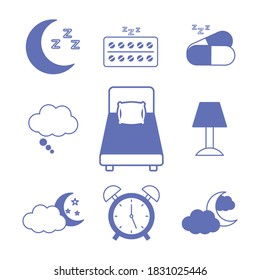 insomnia line and fill style icon set design, sleep and night theme Vector illustration