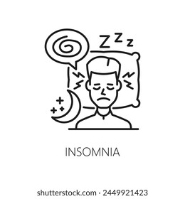 Insomnia line icon of hematology, anemia symptom, physical disease. Vector outline insomnia, sleeplessness, sleep disorder sign of tired and exhausted man lying on pillow and trying to falling asleep