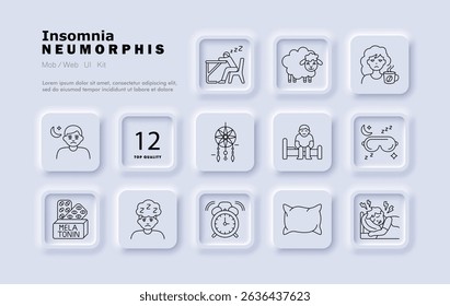 Insomnia line icon. Restless person, counting sheep, alert brain, dreamcatcher, melatonin pills, tired face, alarm clock, pillow, sleep discomfort, fatigue, sleepwear.