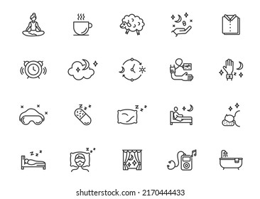 Insomnia line icon set. Sleep rest pillow dream vector night dream outline bedroom healthy sleep line icon