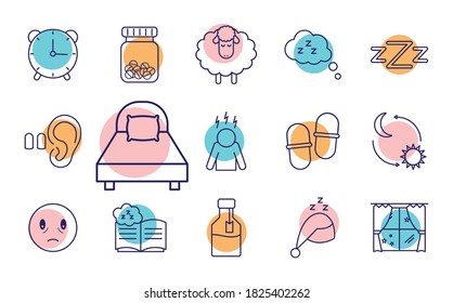 insomnia line style set of icons design, sleep and night theme Vector illustration