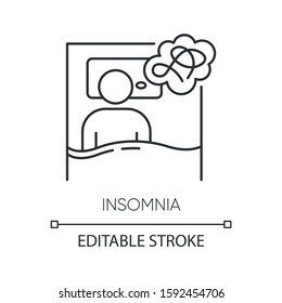 Insomnia Linear Icon. Sleep Deprivation. Person Awake. Sleeplessness. Exhaustion, Fatigue. Mental Disorder. Thin Line Illustration. Contour Symbol. Vector Isolated Outline Drawing. Editable Stroke