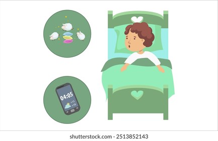 Insomnia. Little child trying to fall asleep counting sheep in bed. Vector illustration