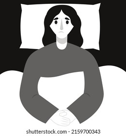 Insomnia. Loss of taste for life, apathy, depression. A young woman is lying in bed with her eyes open. The person cannot sleep. Flat vector illustration