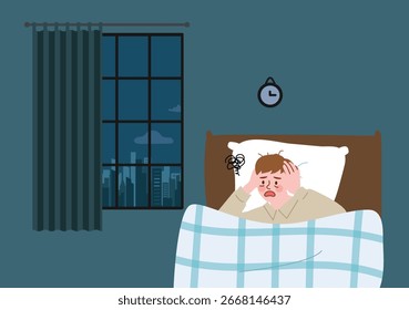 Insônia Homem na cama Incapaz de dormir à noite