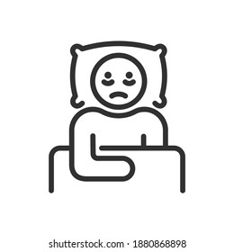 insomnia, man lies in bed and he can’t fall asleep, linear icon. Editable stroke