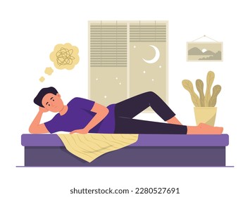 Insomnia Man Lying on Bed with Stress Feeling for Sleepless Concept Illustration